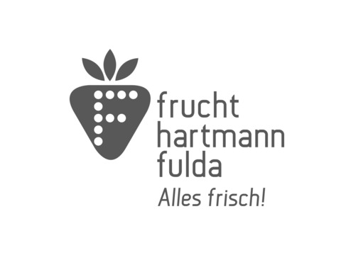 Frucht Hartmann Fulda Logo in grauer Schrift. Links ein stilisiertes Erdbeersymbol mit einem "F" aus Punkten, rechts der Text "frucht hartmann fulda" und darunter "Alles frisch!