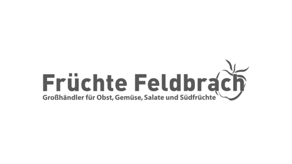 Früchte Feldbrach Logo in grauer Schrift. Ein stilisierter Apfel mit Blättern umrahmt den Buchstaben "r" im Wort "Feldbrach". Darunter der Slogan: "Großhändler für Obst, Gemüse, Salate und Südfrüchte"