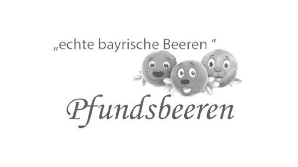 Pfundsbeeren Logo mit dem Text "echte bayrische Beeren", drei lächelnden Beerenfiguren und dem Schriftzug "Pfundsbeeren"