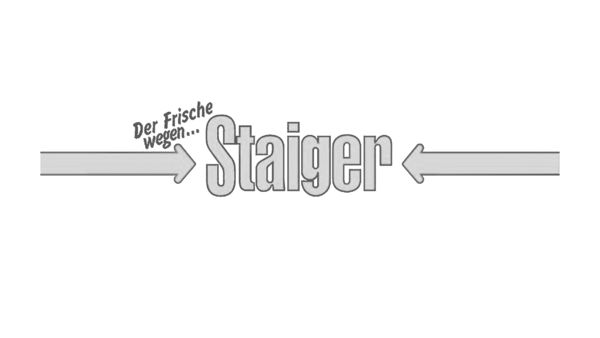 Staiger Logo in grauer Schrift mit den Texten "Der Frische wegen..." und Pfeilen nach links und rechts