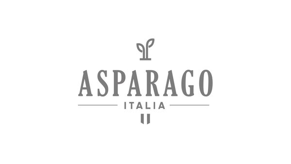 Asparago Italia Logo in grauer Schrift mit einem kleinen Spargel-Symbol über dem Text