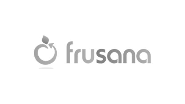 Frusana Logo in Grau mit stilisiertem Apfel und Blatt links vom Schriftzug "frusana"